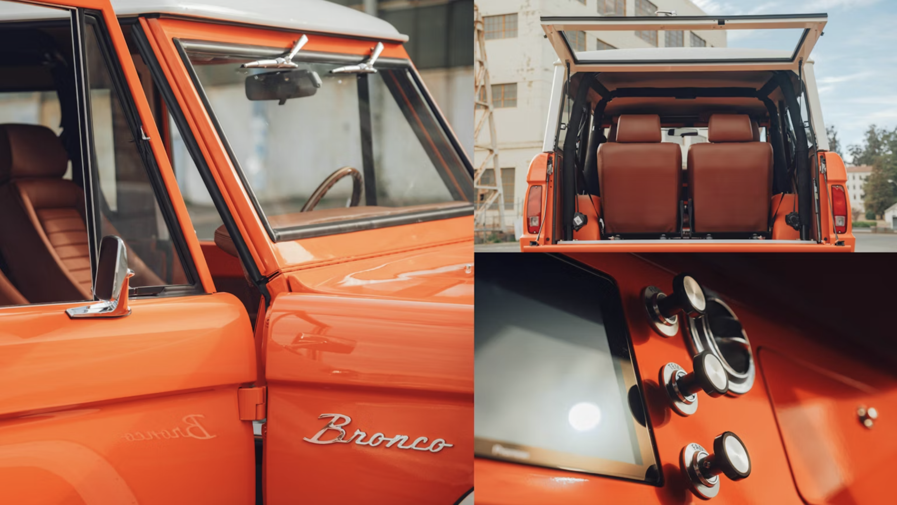 Collage of images highlighting the sleek, newly complete orange Ford Bronco with warm brown leather interior. 